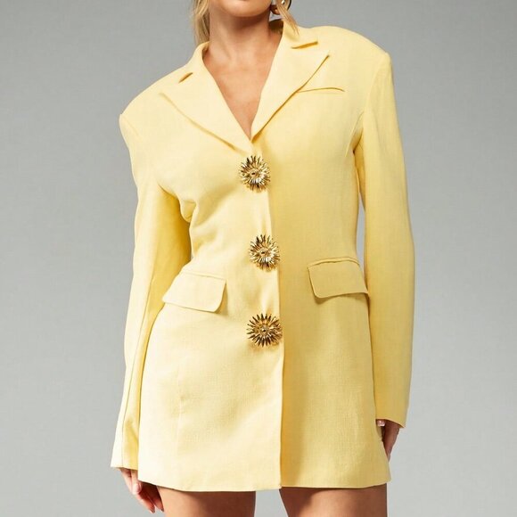 Yellow Elegant Women's Button Detail Structured Linen Blazer Dress - Picture 1 of 6